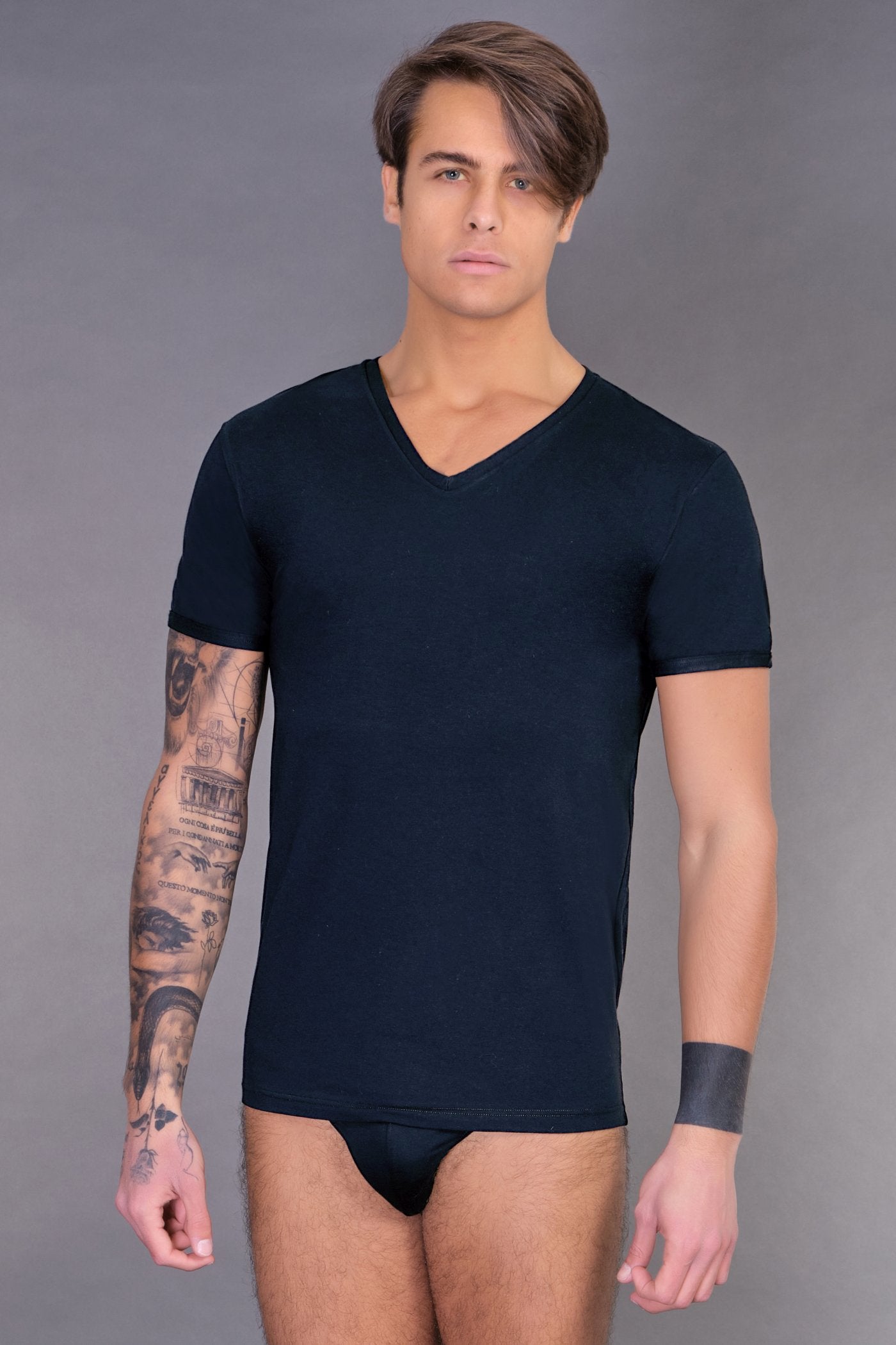 T-SHIRT SCOLLO A V IN COTONE ELASTICIZZATO TERMICO 3 U1457V