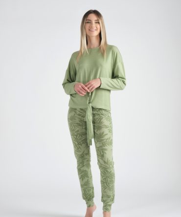 Pigiama lungo , maglia m/l tinta unita con nodo,pantalone fantasia palme in viscosa