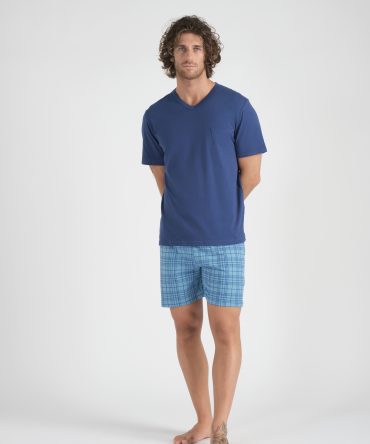 Pigiama corto ,maglia mezza manica scollo a V ,fantasia scozzese, in Cotone